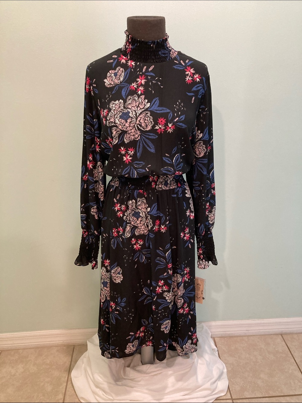 Nanette Lepore Black Floral Midi Dress with Pink and Blue Accents